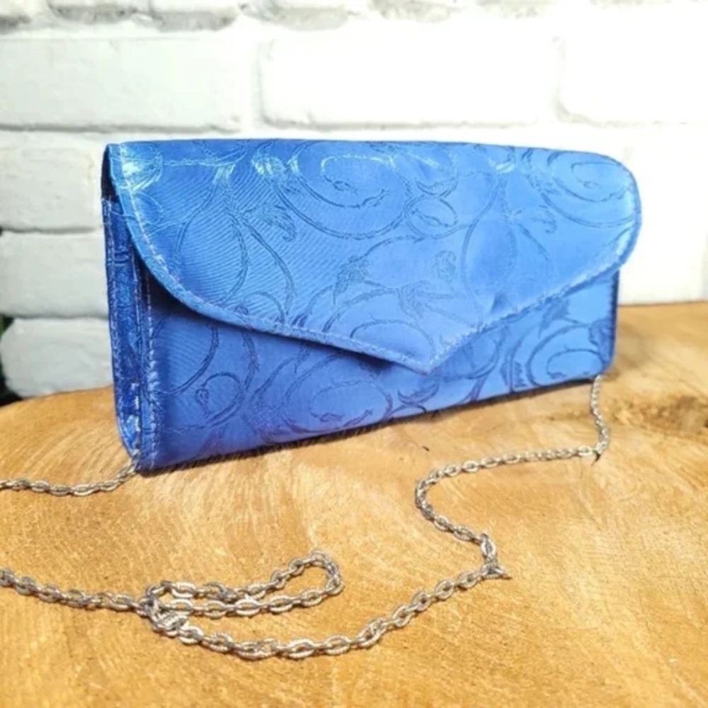 Blue Satin Evening Bag With Chain Shoulder Strap